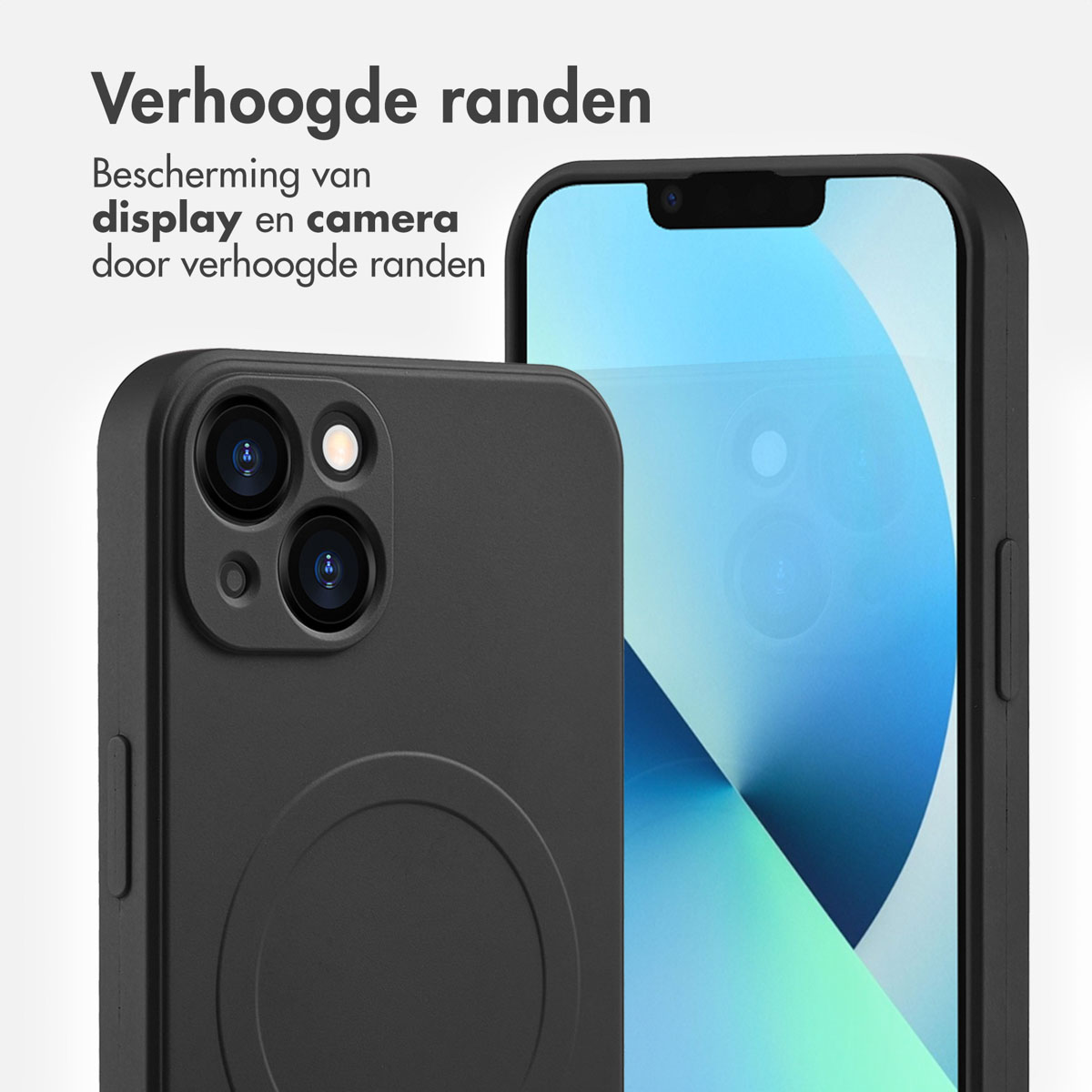Een zwarte telefoonhoes met een telefoon erin. De hoes heeft opstaande randen en beschermt het scherm.
