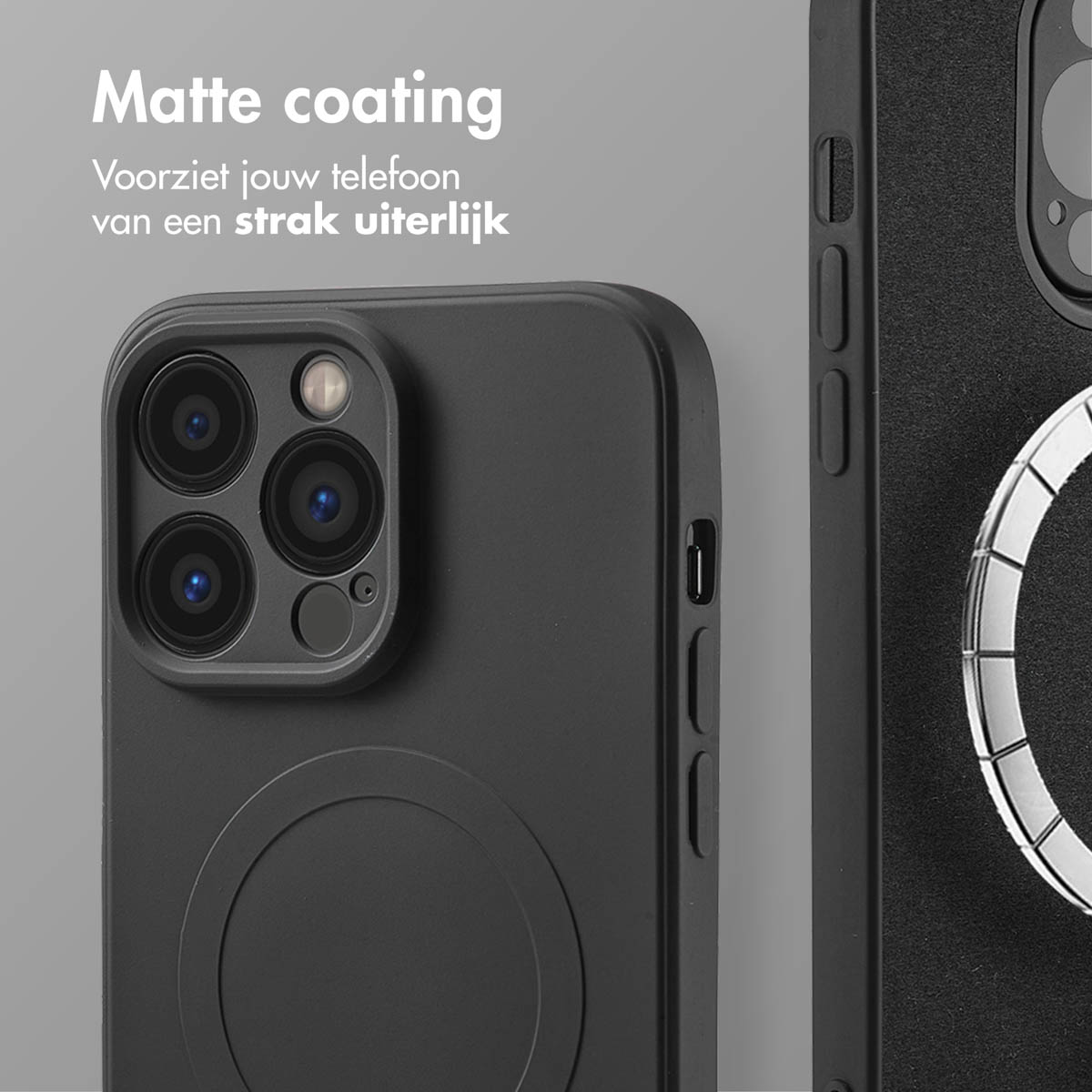 Coque de téléphone noire, avec une finition mate, le texte 'Revêtement mat' est affiché. Partie du téléphone.