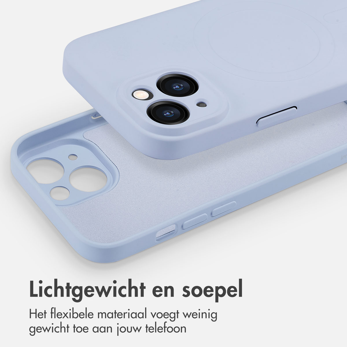 A light purple phone case, with text 'Lightweight and supple'. The case is open.