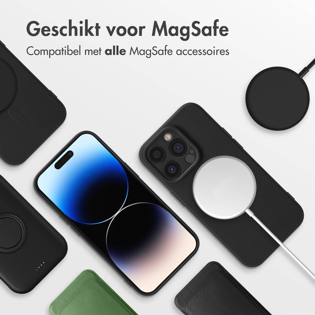 Divers téléphones avec chargeurs et étuis MagSafe. Étuis noirs, blancs et verts sur fond blanc.