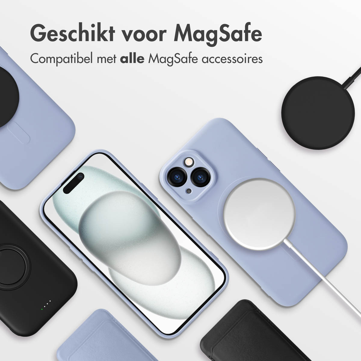 Multiple iPhones with MagSafe accessories, featuring blue and black phone cases on a white background.