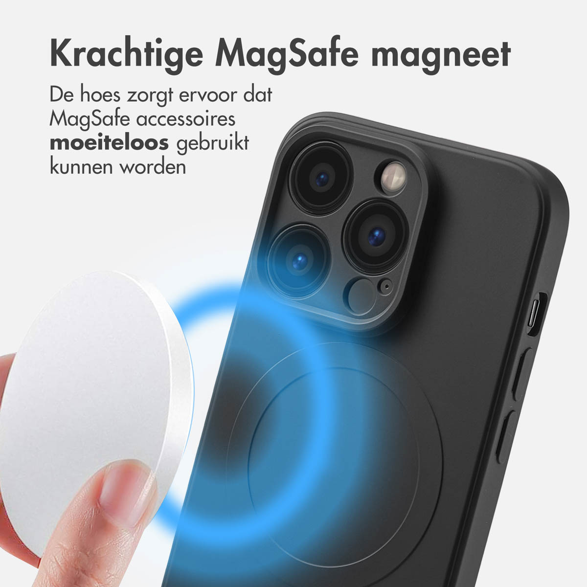 Coque de téléphone noire avec un cercle blanc, avec un chargeur magnétique blanc.