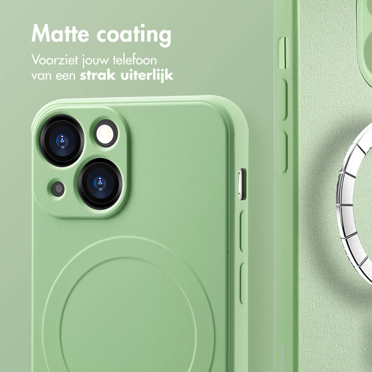 Coque de téléphone verte avec une finition mate, le texte 'Revêtement mat' est affiché. Partie d'une autre coque.