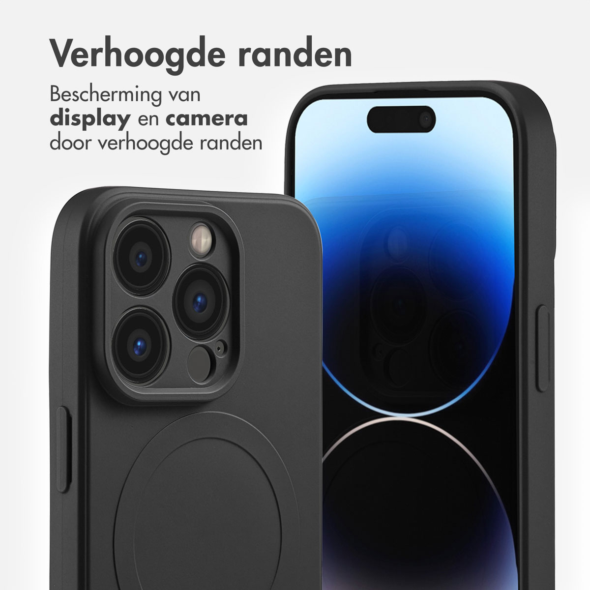 Gros plan d'un téléphone dans un étui noir. Texte : 'Bords surélevés'. Montre la protection de l'écran et de l'appareil photo.