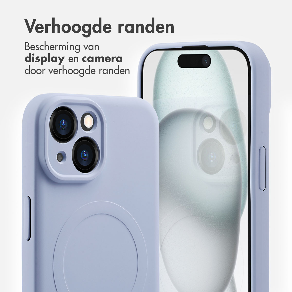 A purple phone case with a phone inside. The case has raised edges and protects the display and camera.