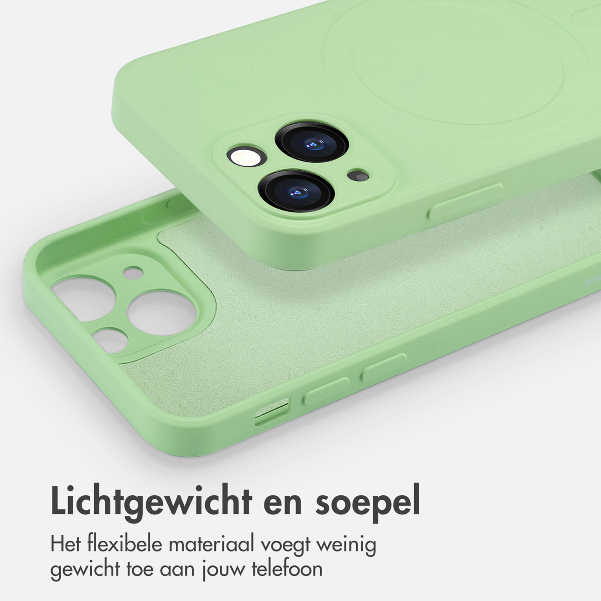 Coque de téléphone verte, montrant l'intérieur et l'extérieur avec le texte Lichtgewicht en soepel.