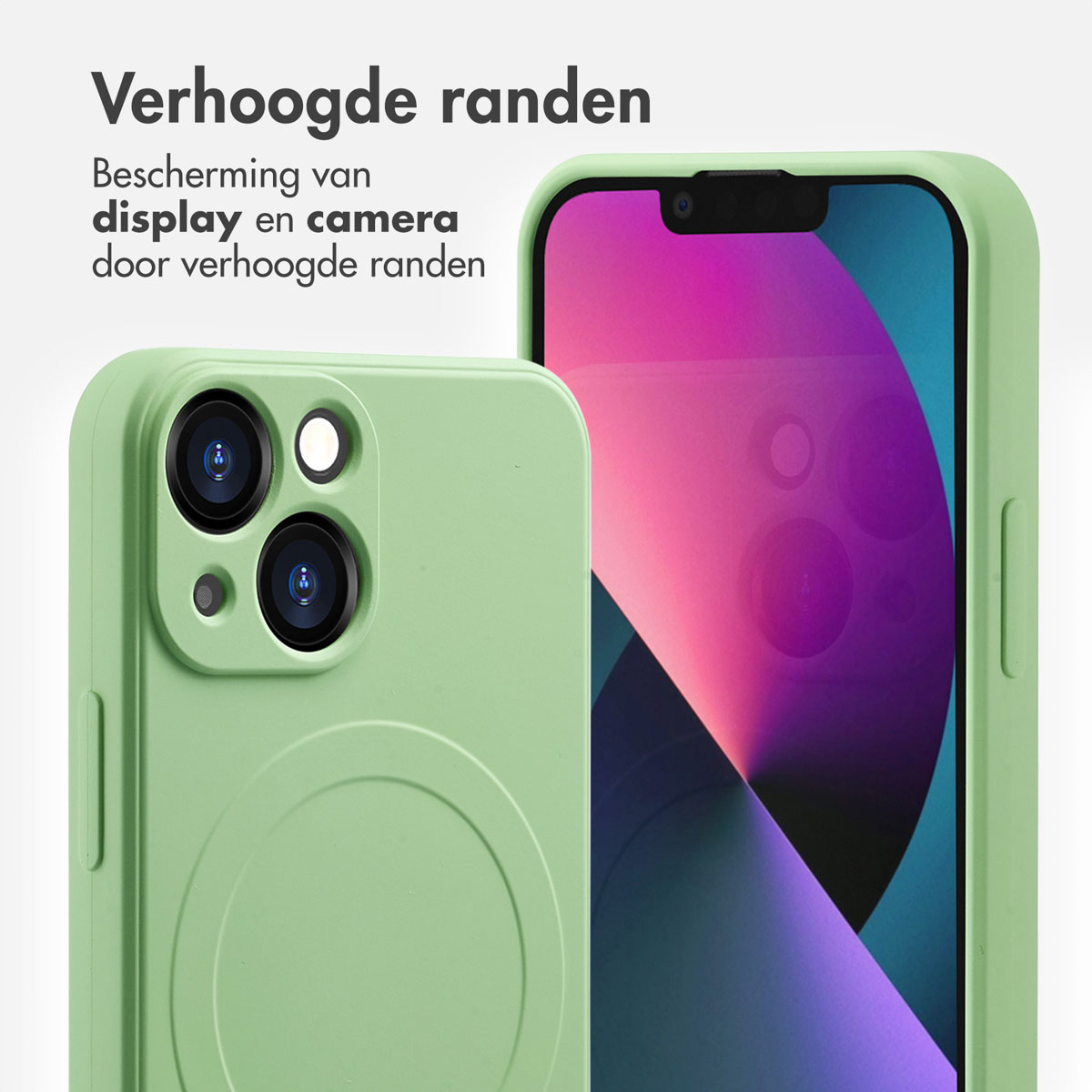 Une coque de téléphone verte à côté d'un écran de téléphone. La coque a des objectifs visibles.