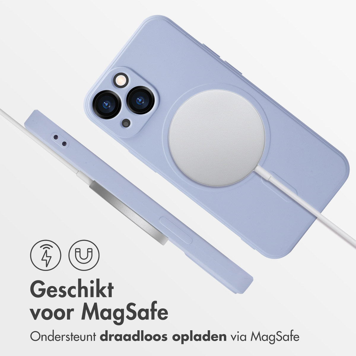 Blauwe telefoon met een blauwe draadloze oplader. Tekst: Geschikt voor MagSafe.