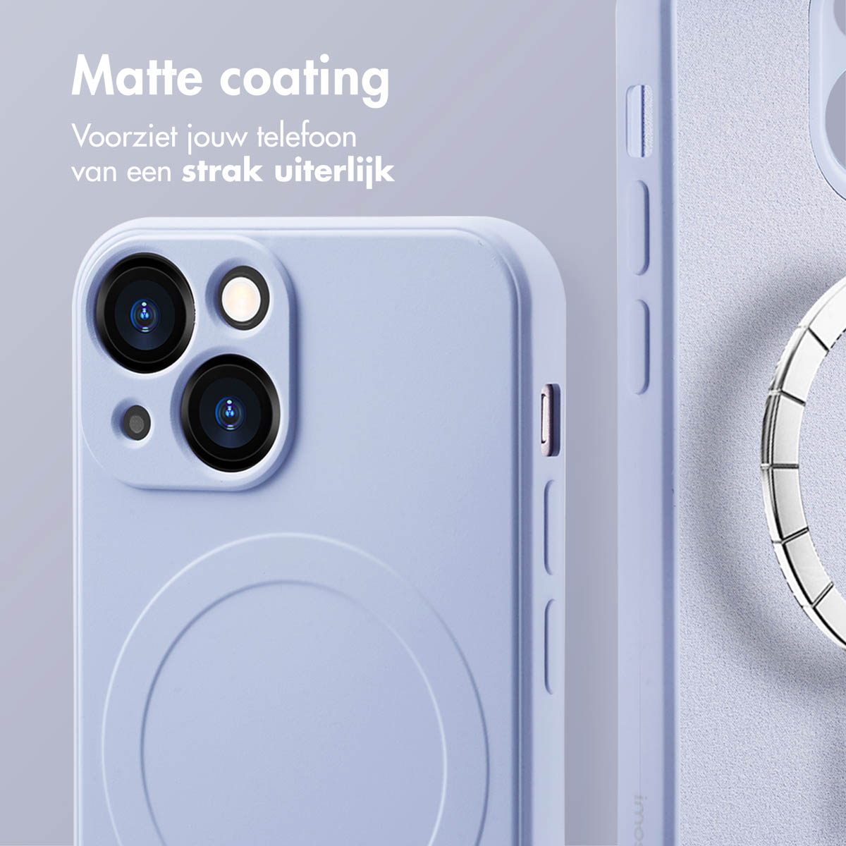 Close-up van een lichtpaarse telefoonhoes met matte afwerking, voor een strakke uitstraling.