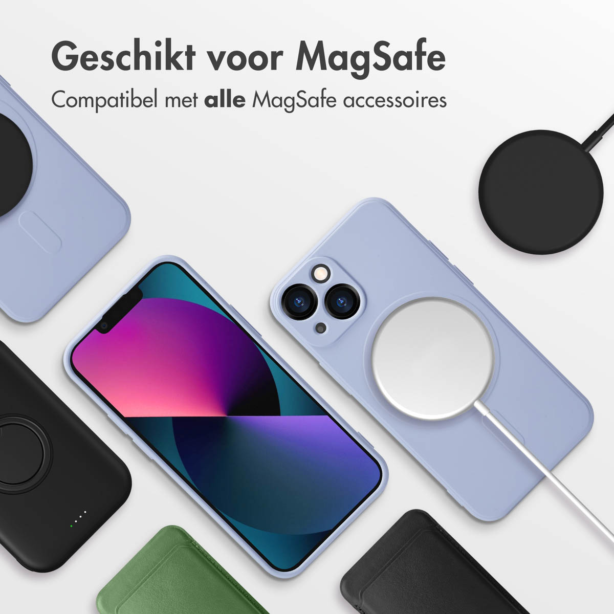 Telefoons met MagSafe hoesjes en opladers. Tekst: Geschikt voor MagSafe.