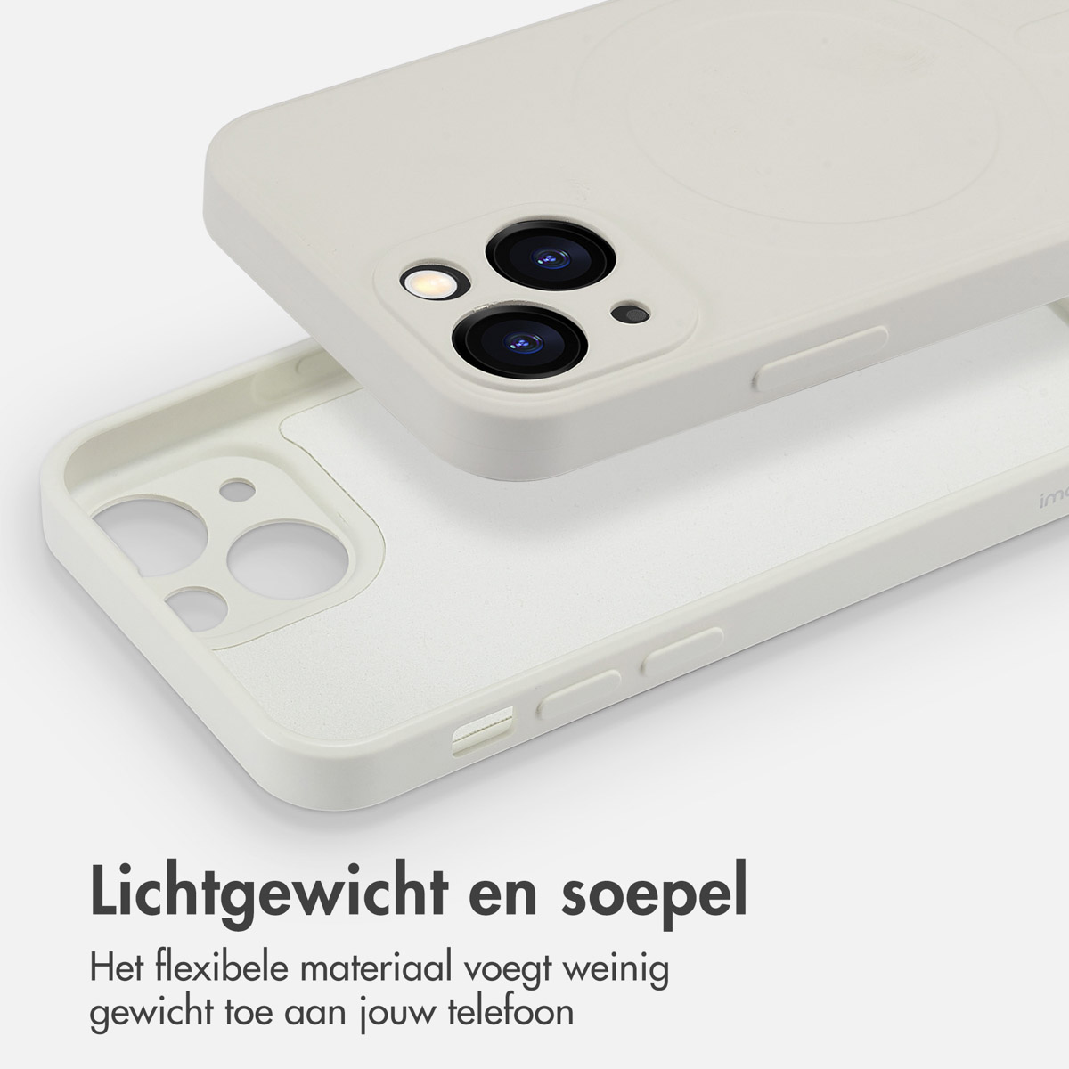 Witte telefoonhoes, die de binnen- en buitenkant laat zien, met de tekst Lichtgewicht en soepel.
