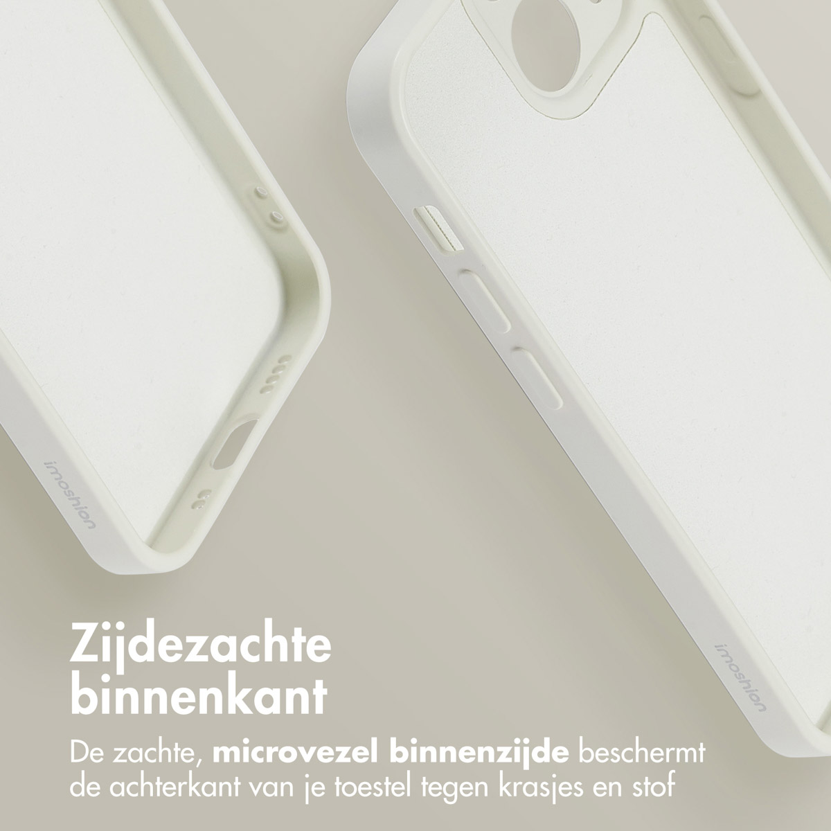 Tweedelig wit telefoonhoesje dat de zachte microvezel binnenkant laat zien op een neutrale achtergrond.