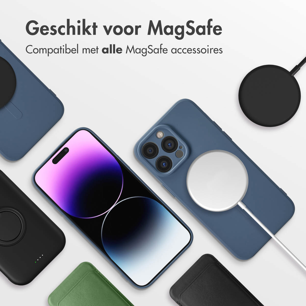Telefoons en MagSafe-accessoires. De afbeelding toont meerdere telefoons en accessoires op een wit oppervlak.