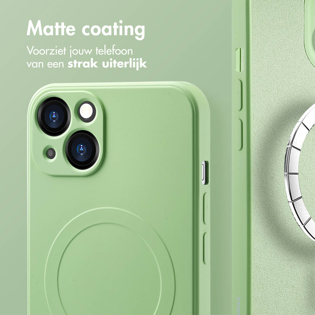Close-up van een telefoon in een groen hoesje. Tekst: 'Matte coating'. Zorgt voor een strakke uitstraling.