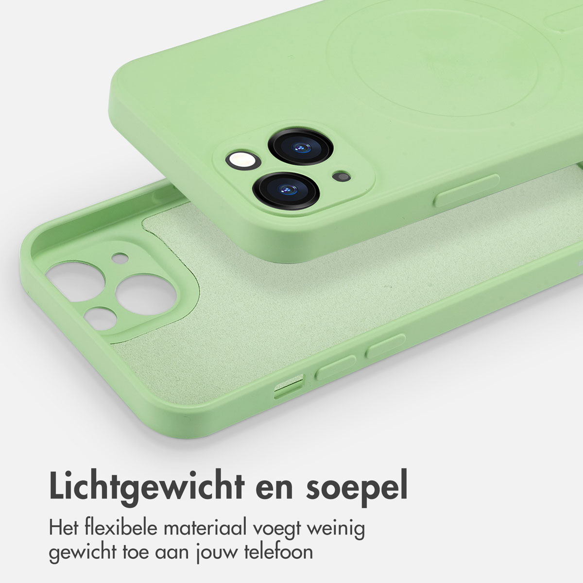 Twee groene telefoonhoesjes, één open, met de binnenkant zichtbaar. Ze zijn licht en flexibel.