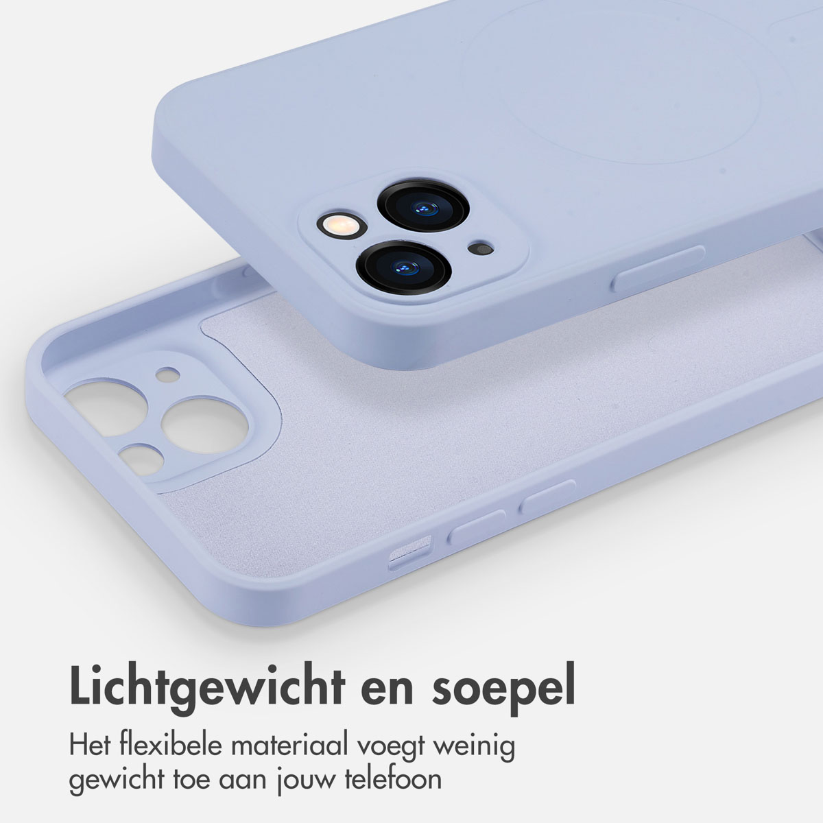 Lichtblauwe telefoonhoes, gedeeltelijk open, onthult de binnenkant. Tekst: lichtgewicht en soepel.