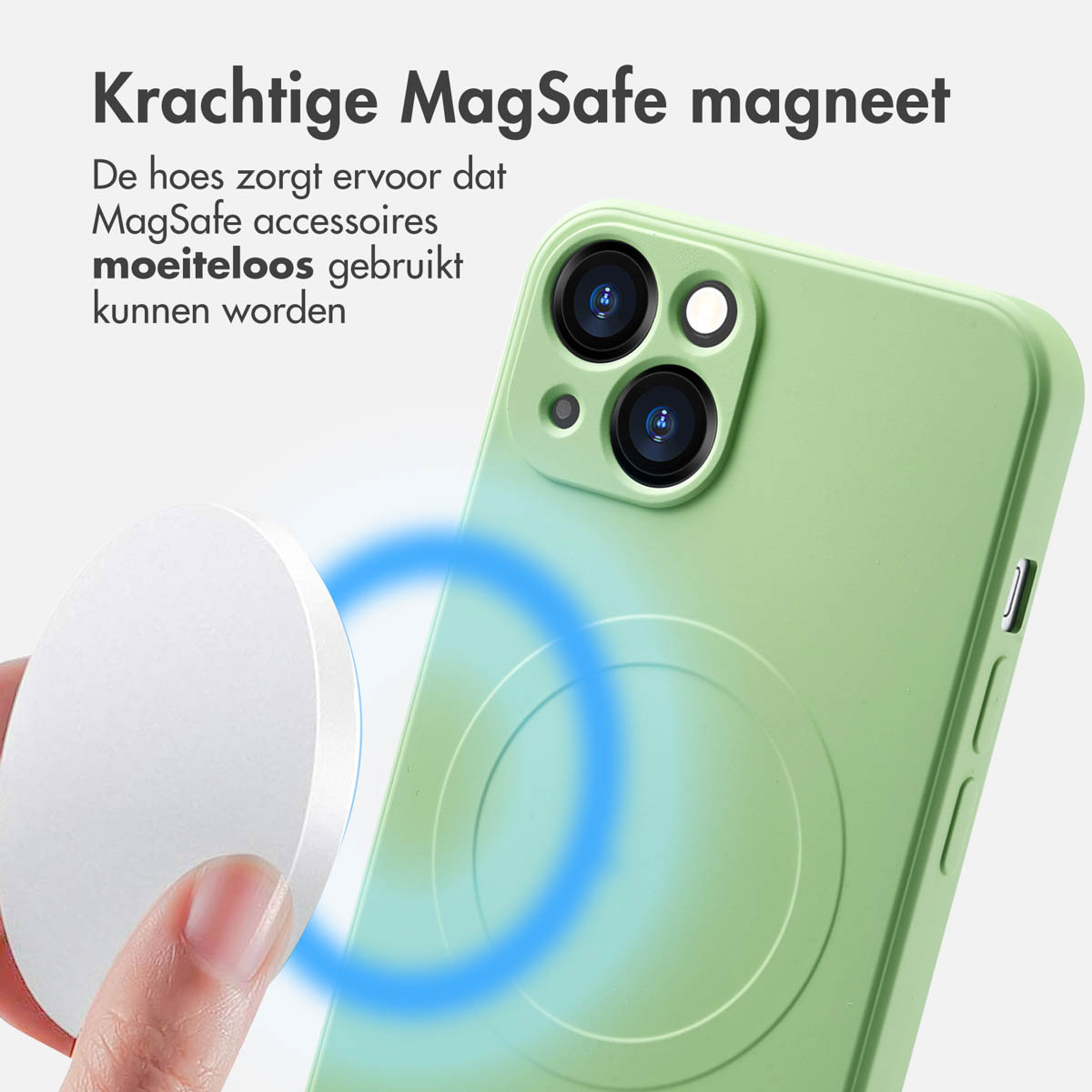 Groene telefoon met MagSafe, magnetische cirkel zichtbaar. Tekst: 'Sterke MagSafe magneet'.