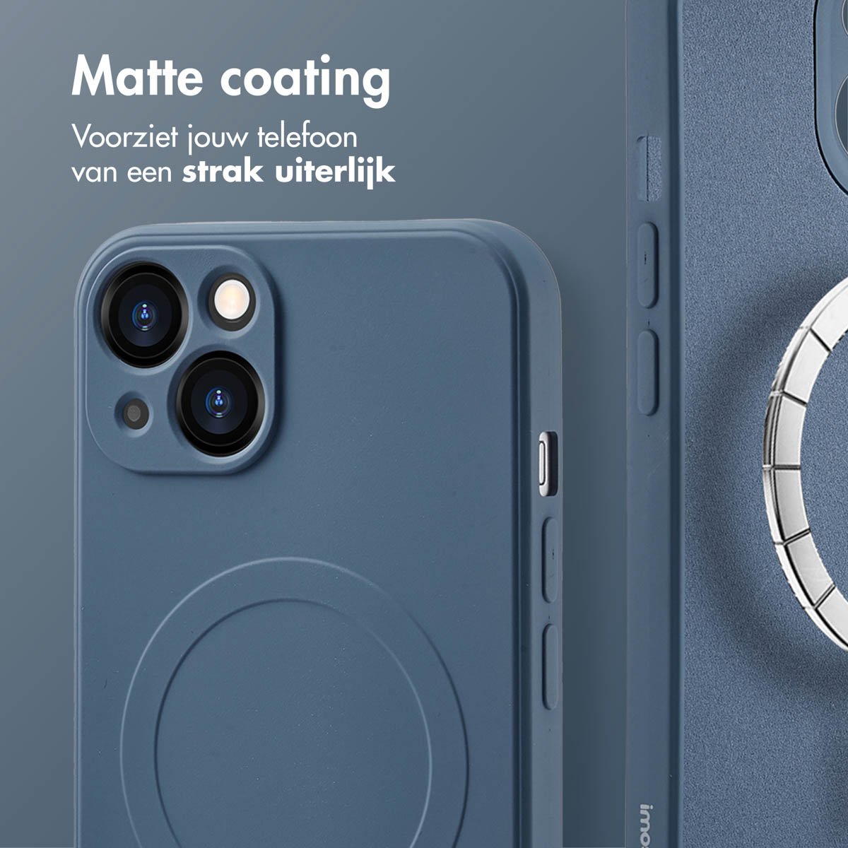 Een donkerblauw telefoonhoesje met een magnetische ring. De achtergrond is ook donkerblauw.