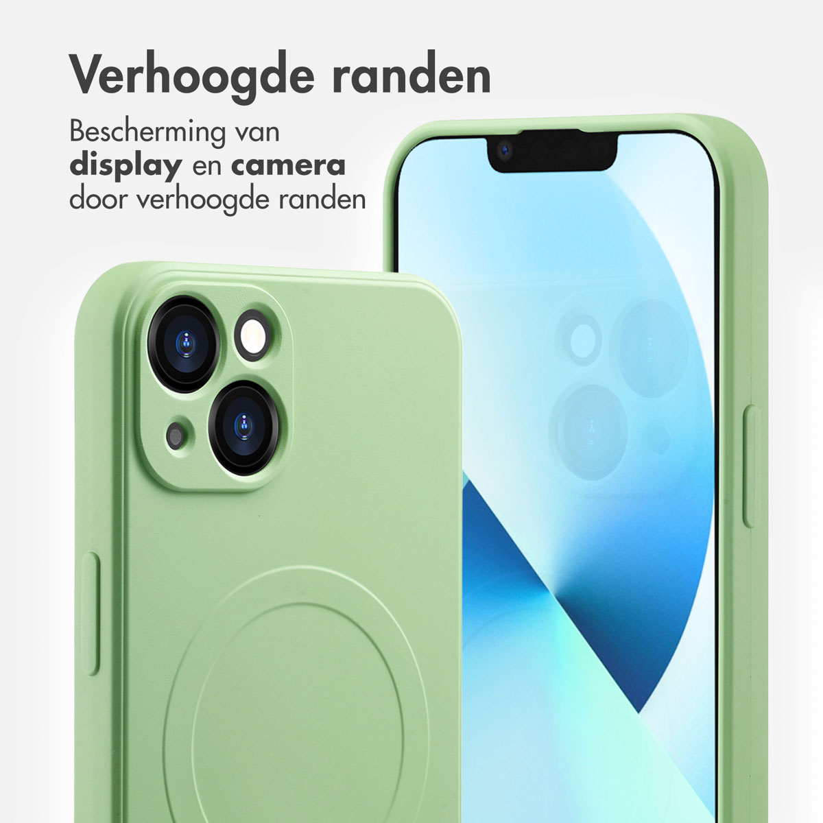 Groene telefoonhoes met telefoon, en de tekst: Verhoogde randen. Display en camera bescherming.