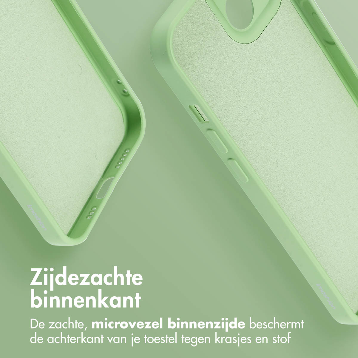 Twee groene telefoonhoesjes. Eén toont de binnenkant, met zachte textuur. De andere de zijkant.