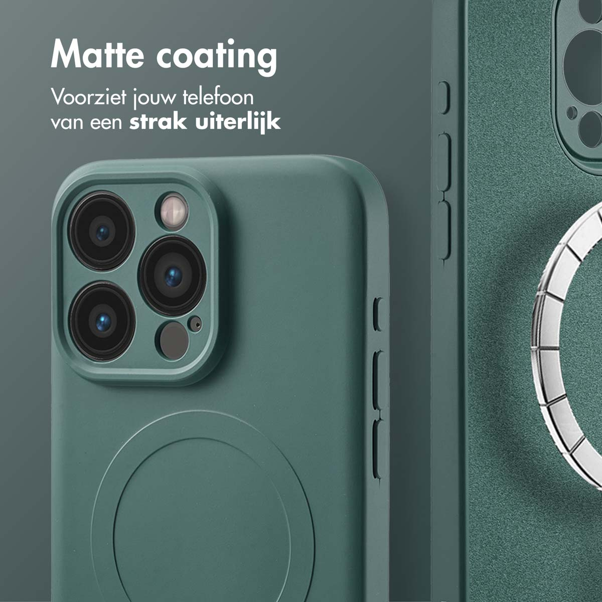Une coque de téléphone vert foncé avec un anneau métallique. Le téléphone a trois objectifs.