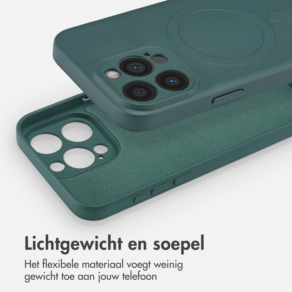 Coque de téléphone vert foncé, partiellement ouverte, révélant l'intérieur. Texte : léger et souple.