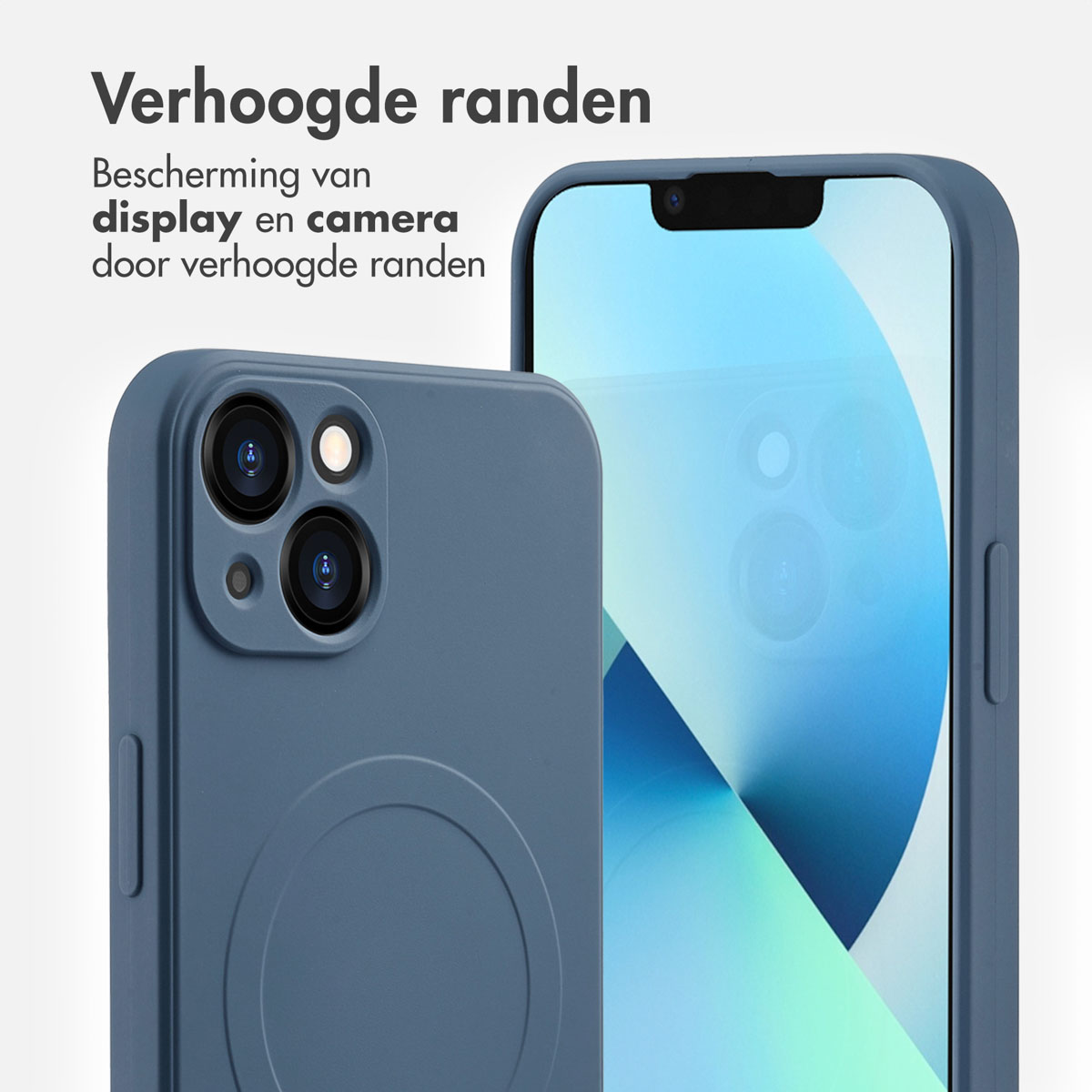 Blauwe telefoonhoes met telefoon. Tekst: Verhoogde randen.
