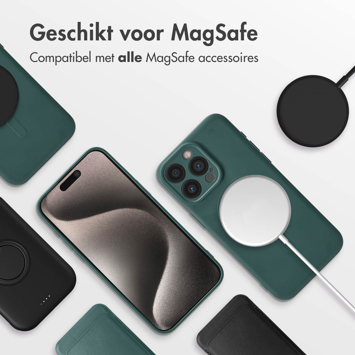 Plusieurs téléphones et étuis. Certains téléphones sont dans des étuis avec MagSafe. Le texte 'Adapté pour MagSafe' est affiché.