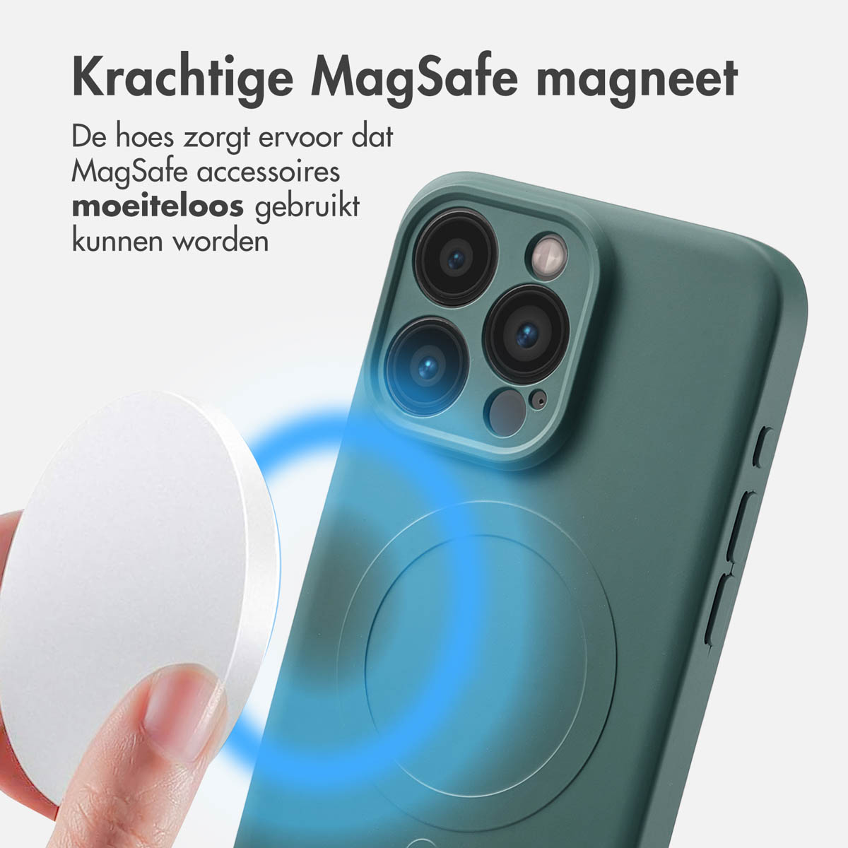 Coque de téléphone verte avec aimant MagSafe, facilitant l'utilisation des accessoires MagSafe.