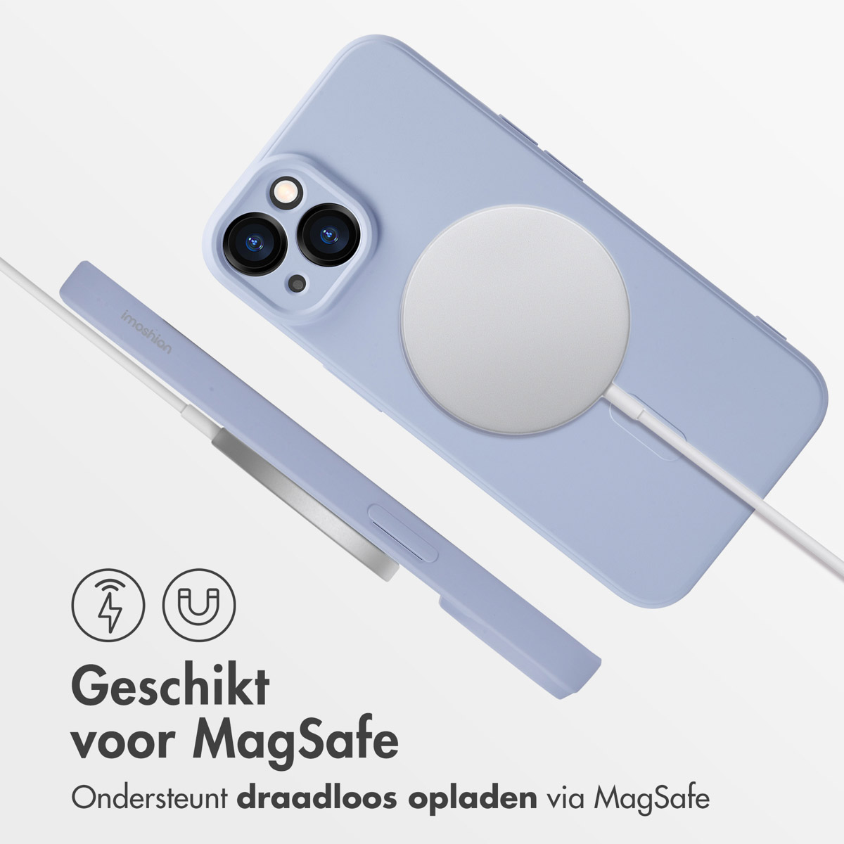Coque de téléphone violet clair avec chargeur MagSafe et texte sur la charge sans fil.