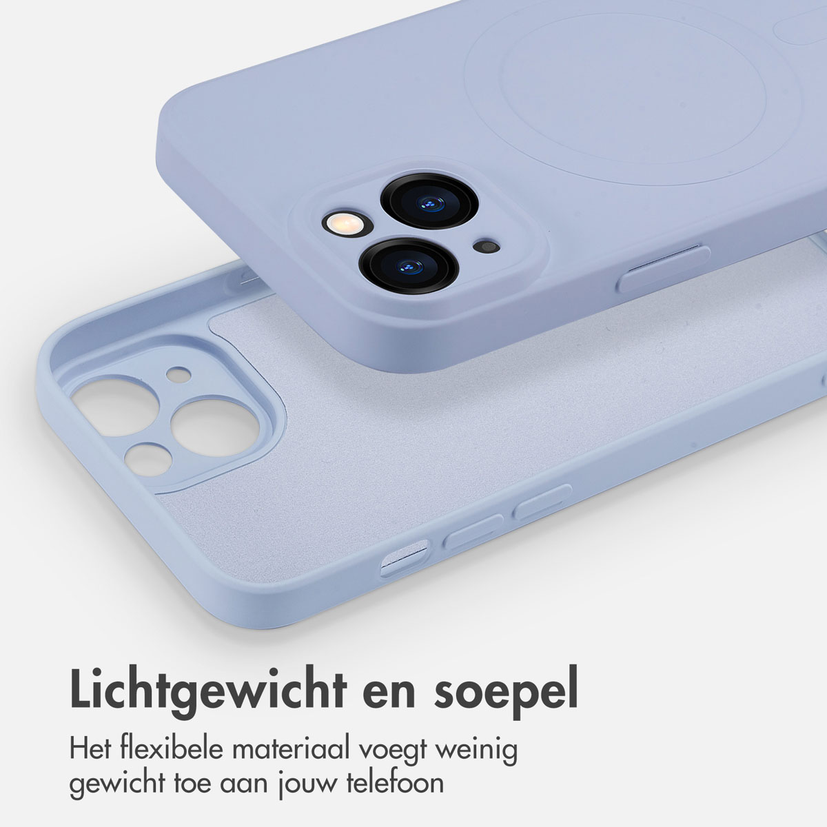 Une coque de téléphone bleu clair avec un téléphone à l'intérieur. La coque est flexible et légère.
