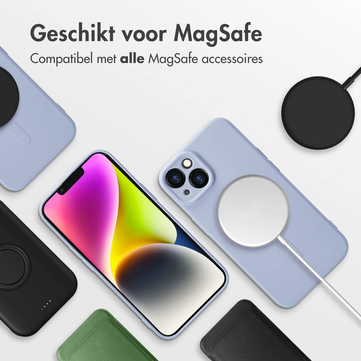 Téléphones avec étuis et chargeurs MagSafe ; différentes couleurs. Texte : 'Adapté à MagSafe'.
