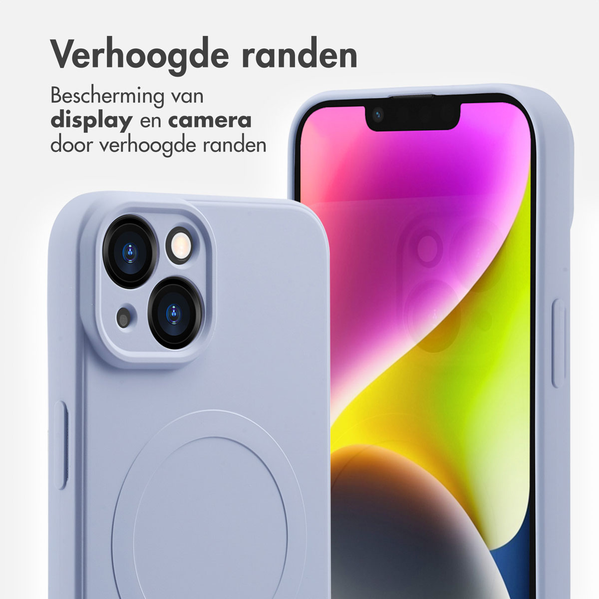 Coque de téléphone bleue sur un téléphone. La coque a un design circulaire. Fond blanc.