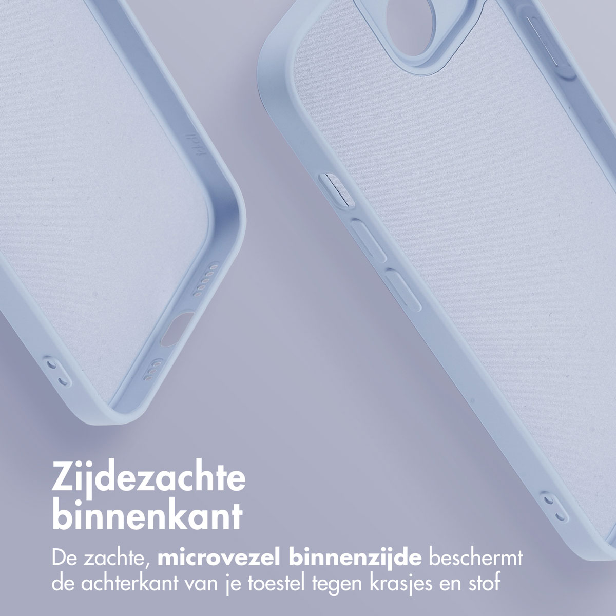 Coque de téléphone bleu clair. Texte : Intérieur doux, protège l'arrière de votre appareil.
