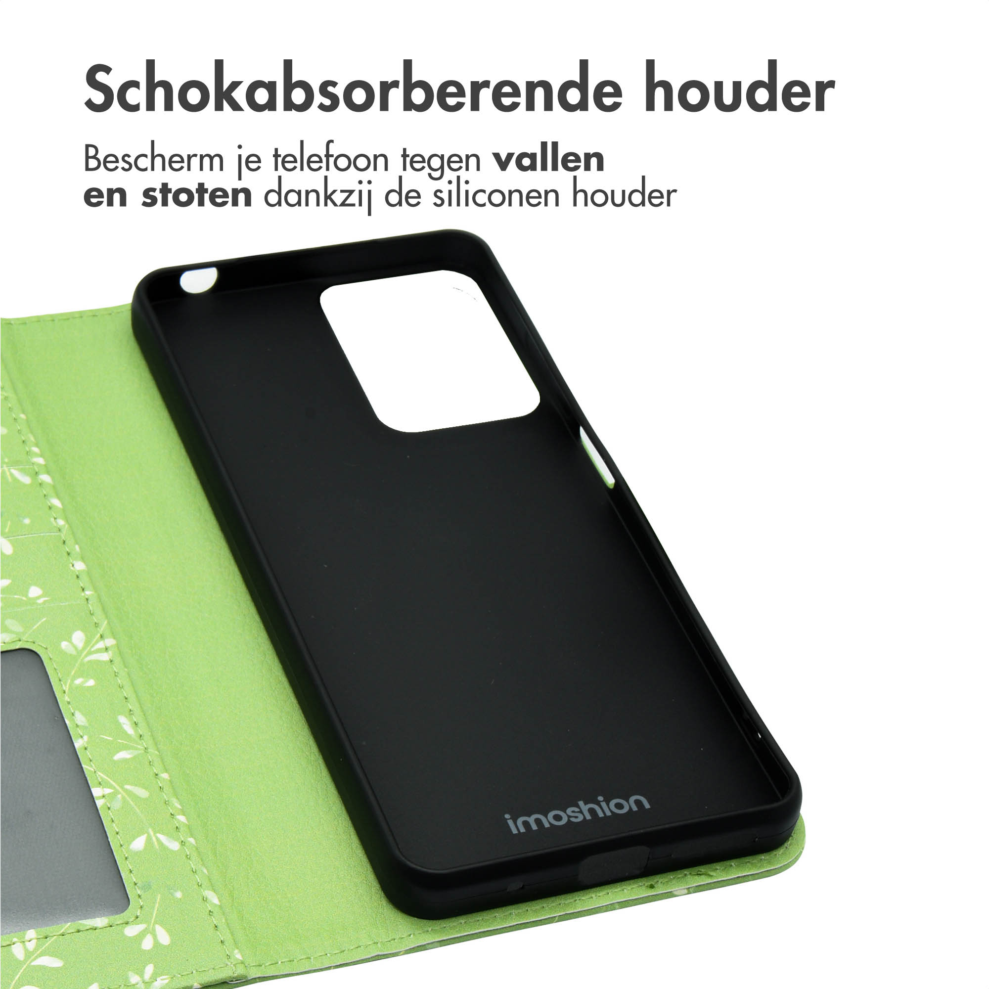 Zwarte telefoonhoes met open groene cover met bloempatroon, toont een telefoon.