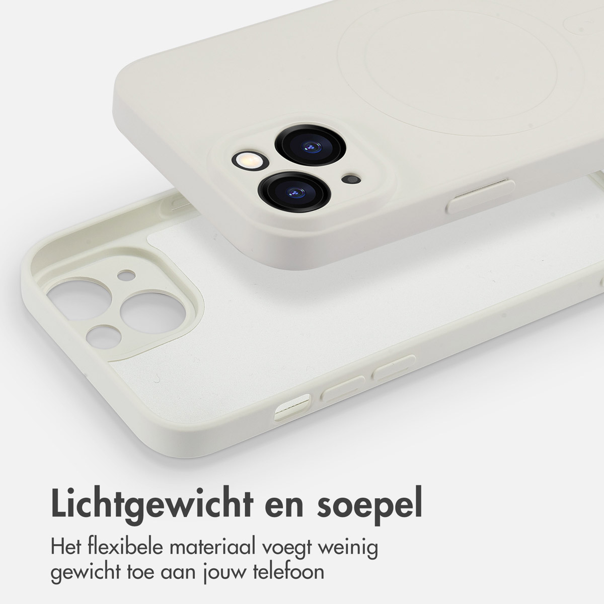 Coque de téléphone blanche avec un téléphone. La coque est légère. Fond blanc.