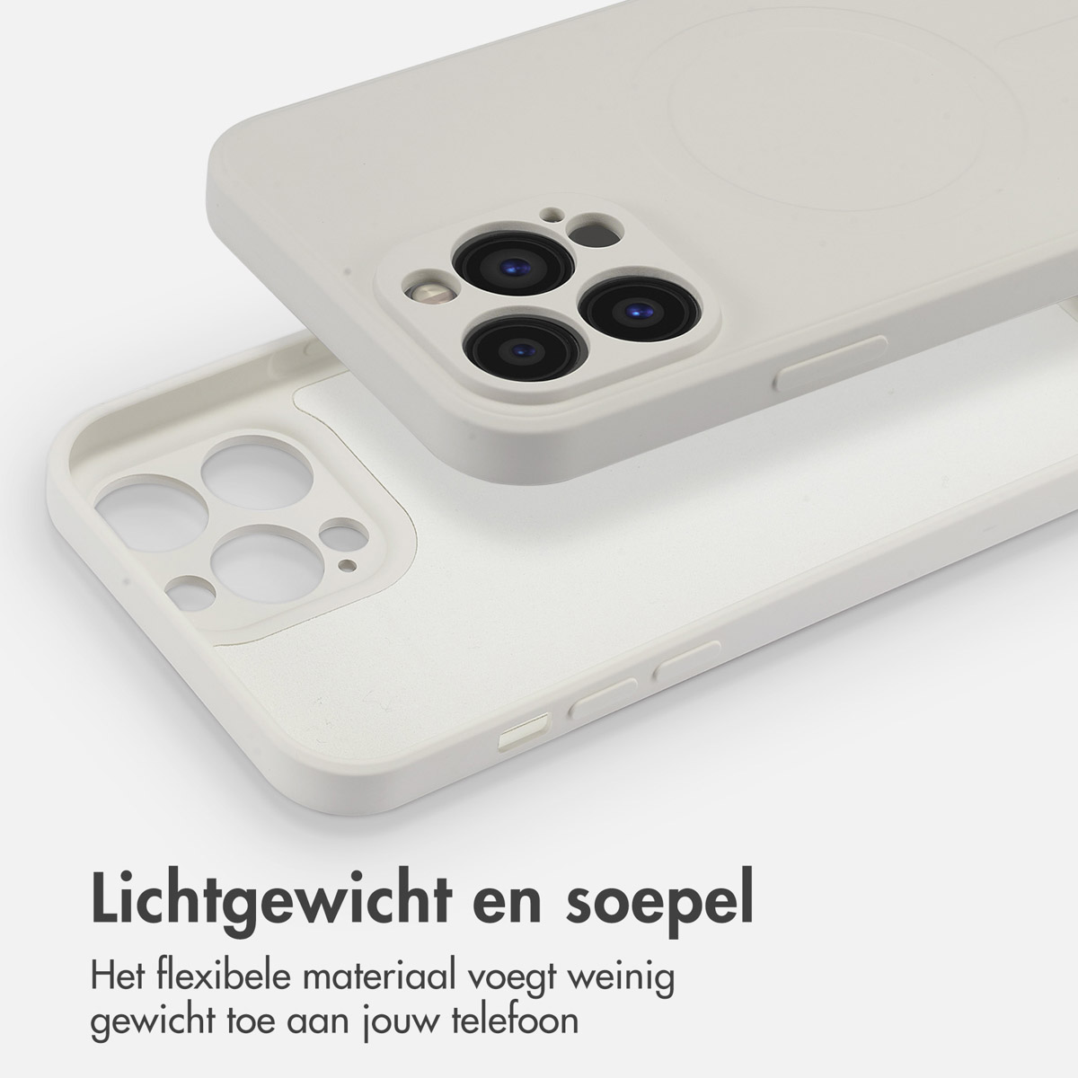 Coque de téléphone blanche, partiellement ouverte, révélant l'intérieur. Texte : léger et souple.