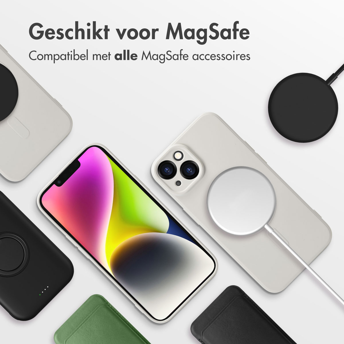 Divers téléphones avec chargeurs et étuis MagSafe. Étuis noirs, blancs et verts sur fond blanc.
