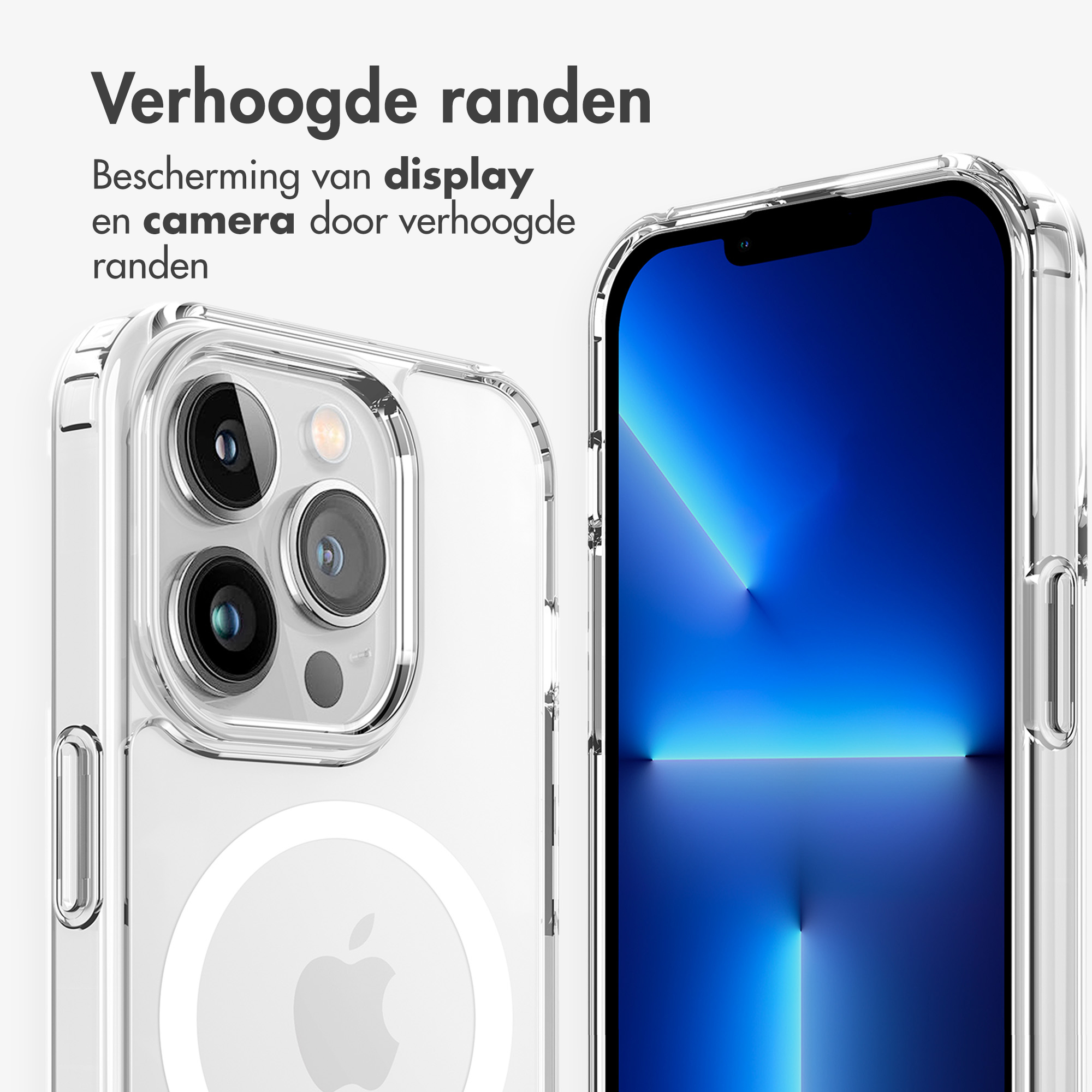 Téléphone dans une coque transparente, montrant des bords surélevés pour la protection de l'écran et de la caméra.