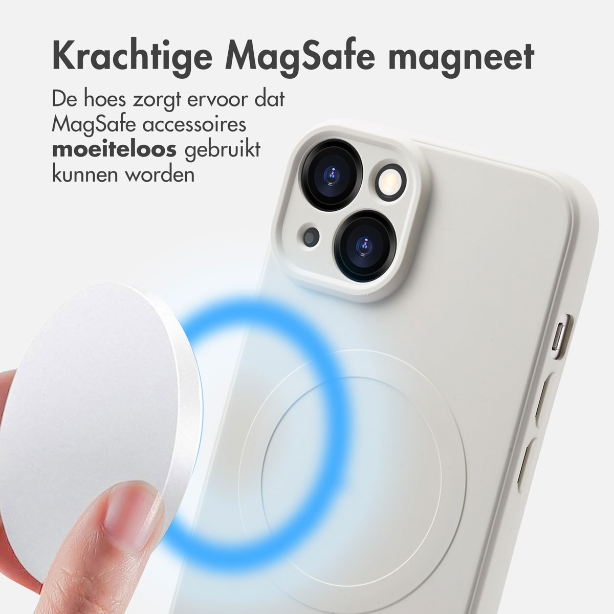Une coque de téléphone blanche avec un chargeur MagSafe argenté attaché. Un graphique de courant bleu est visible.