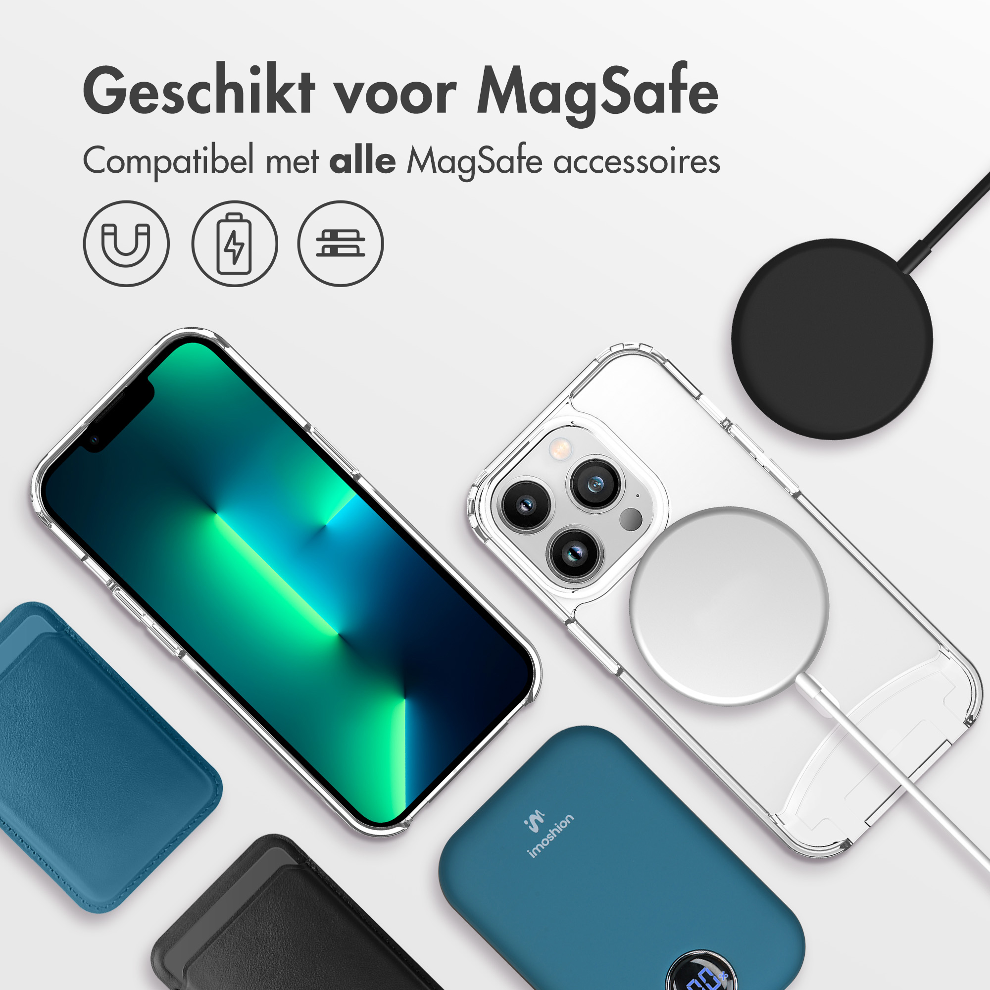 Coque transparente avec téléphone et accessoires. Le texte dit : Geschikt voor MagSafe.
