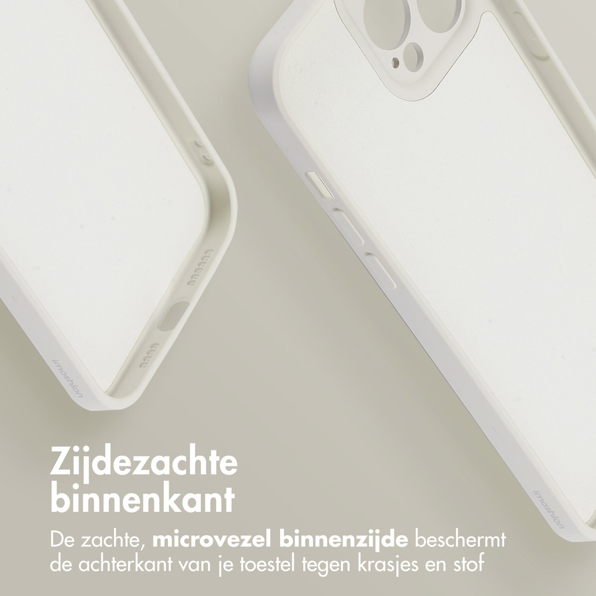 Gros plan de deux coques blanches montrant l'intérieur. Texte : intérieur doux et soyeux.