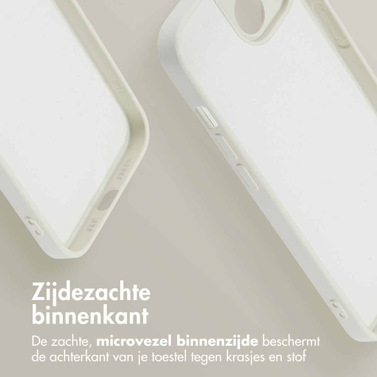 Coque de téléphone avec un intérieur et un côté blancs. Le texte dit : Zijdezachte binnenkant.