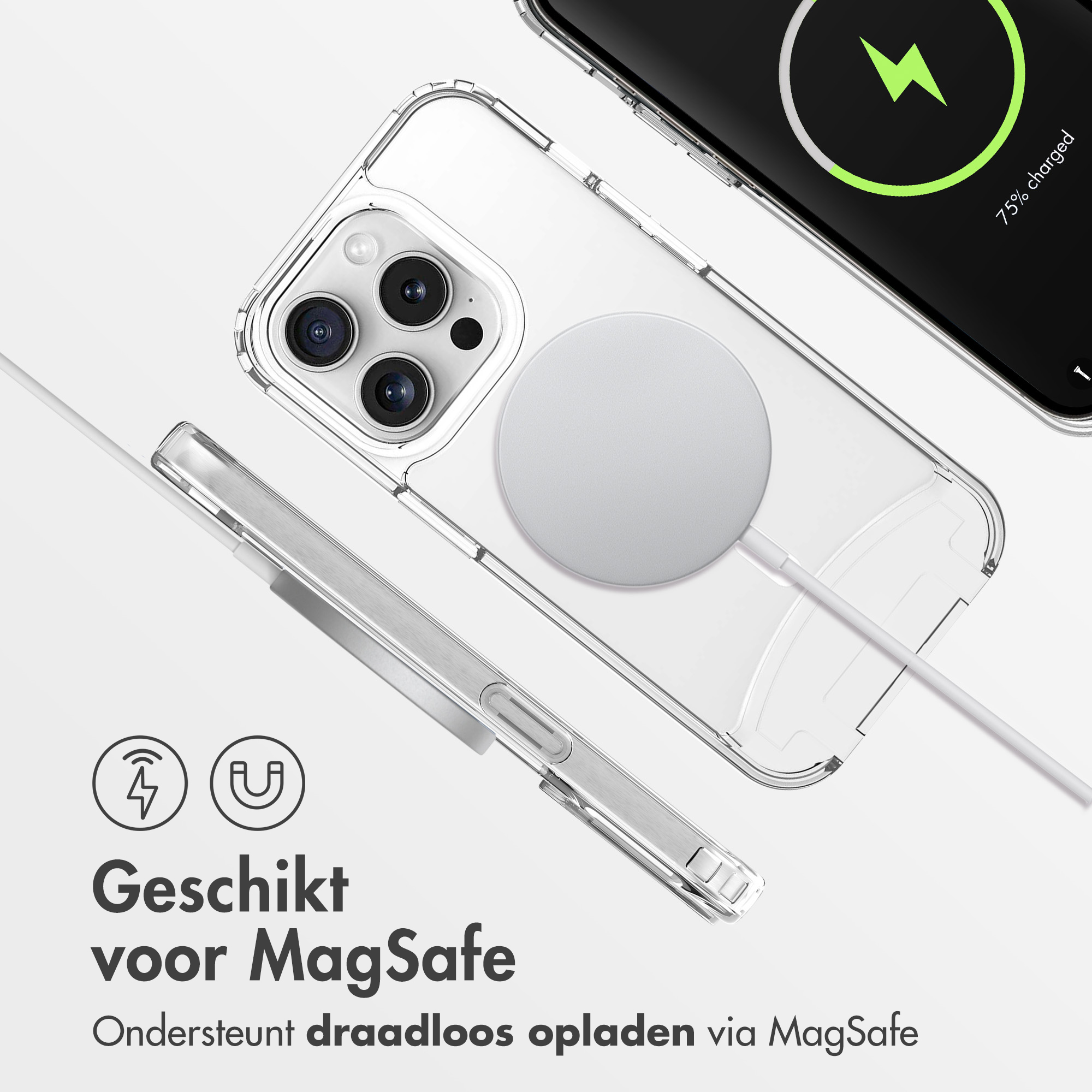 Coque transparente en charge. Le texte dit : Geschikt voor MagSafe. Charge sans fil via MagSafe.