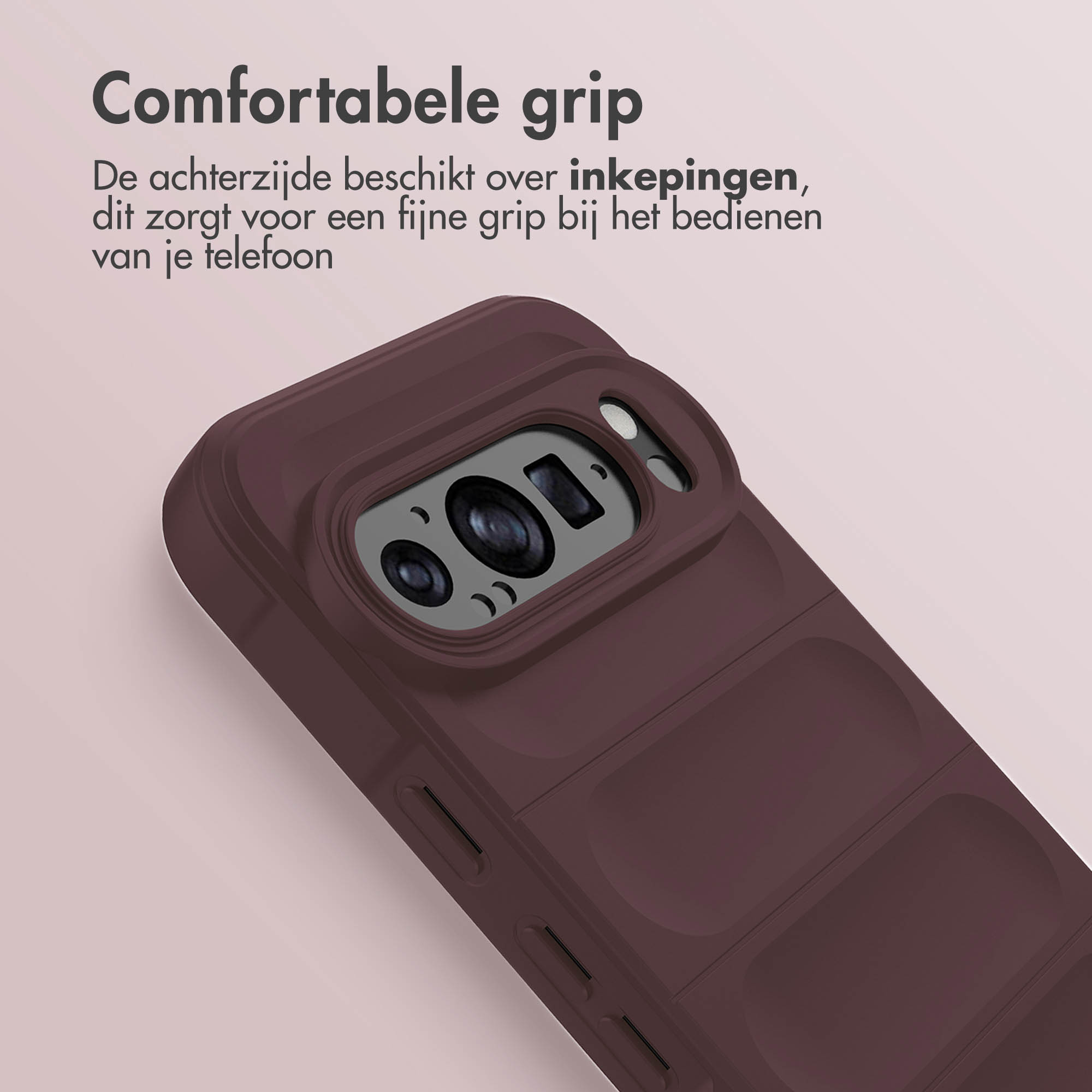 Een bruine telefoonhoes. De tekst 'Comfortabele grip' wordt weergegeven. De achterkant van de hoes is zichtbaar.