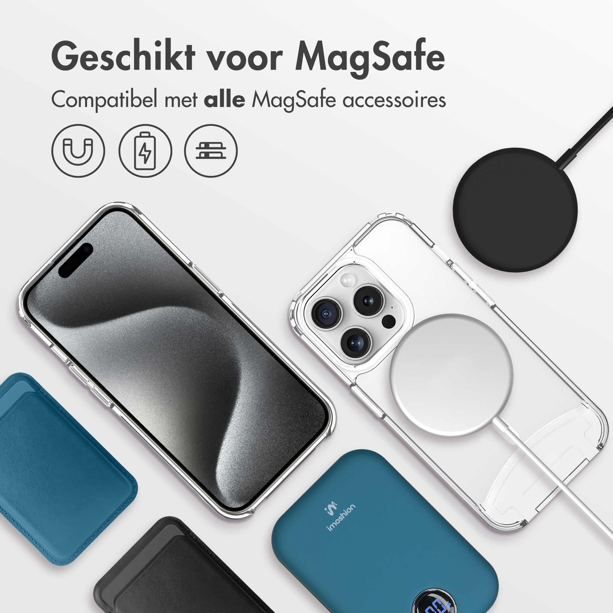 Téléphone avec coque transparente, divers accessoires MagSafe. Texte: 'Adapté à MagSafe'.