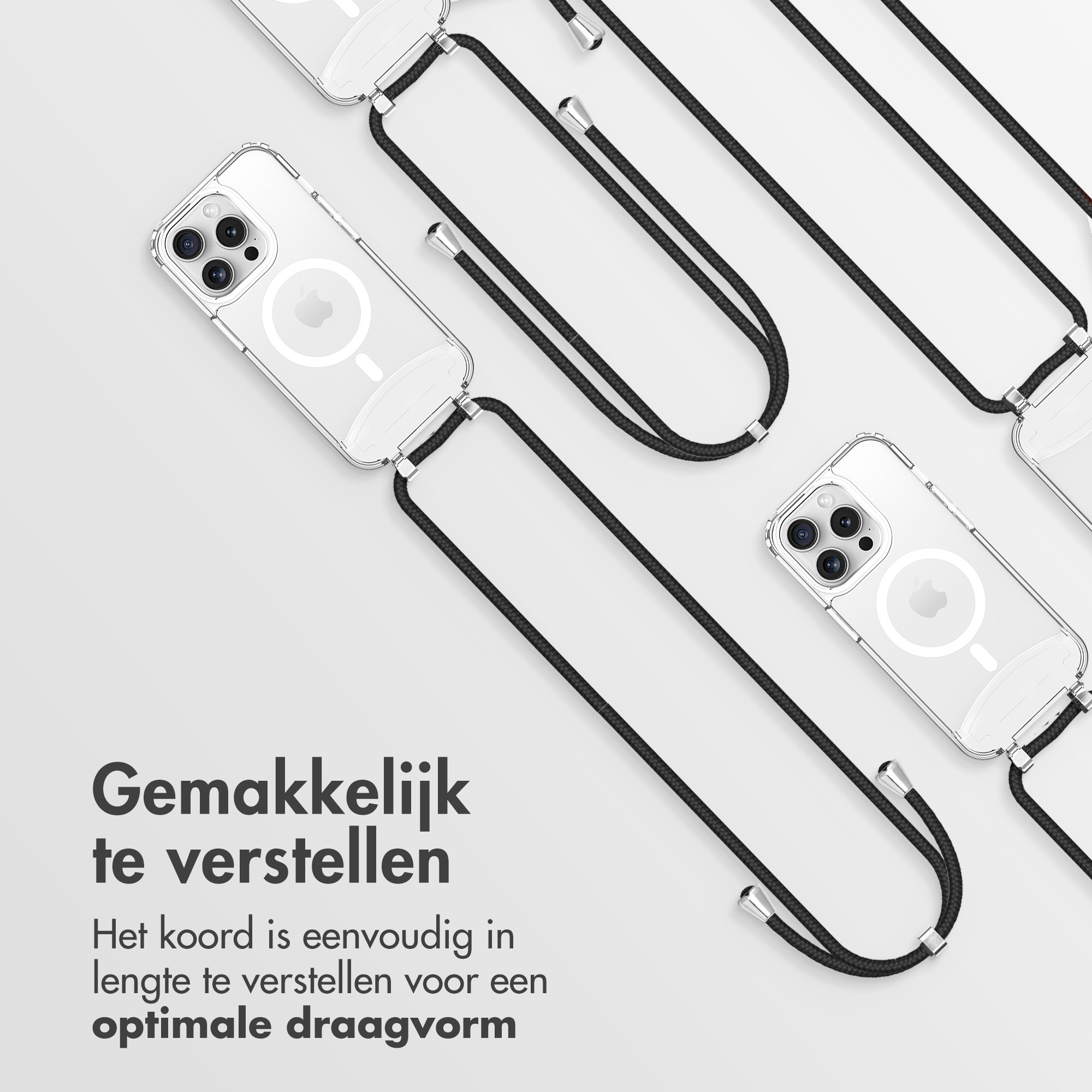 Plusieurs téléphones avec des étuis transparents et des cordons noirs. Texte : 'Facile à ajuster'. Longueur du cordon réglable.
