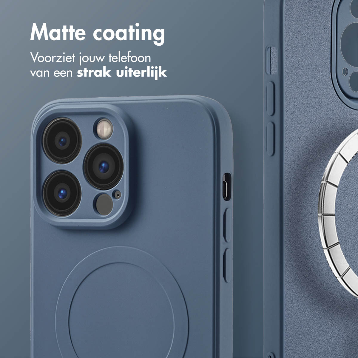 Close-up van een blauwe telefoonhoes met matte coating, voor een strakke uitstraling.