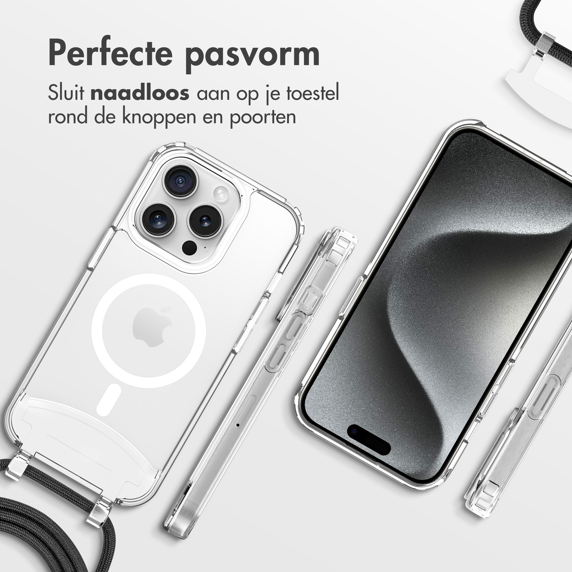 Coque de téléphone transparente avec un téléphone à l'intérieur. La coque a un cordon attaché.