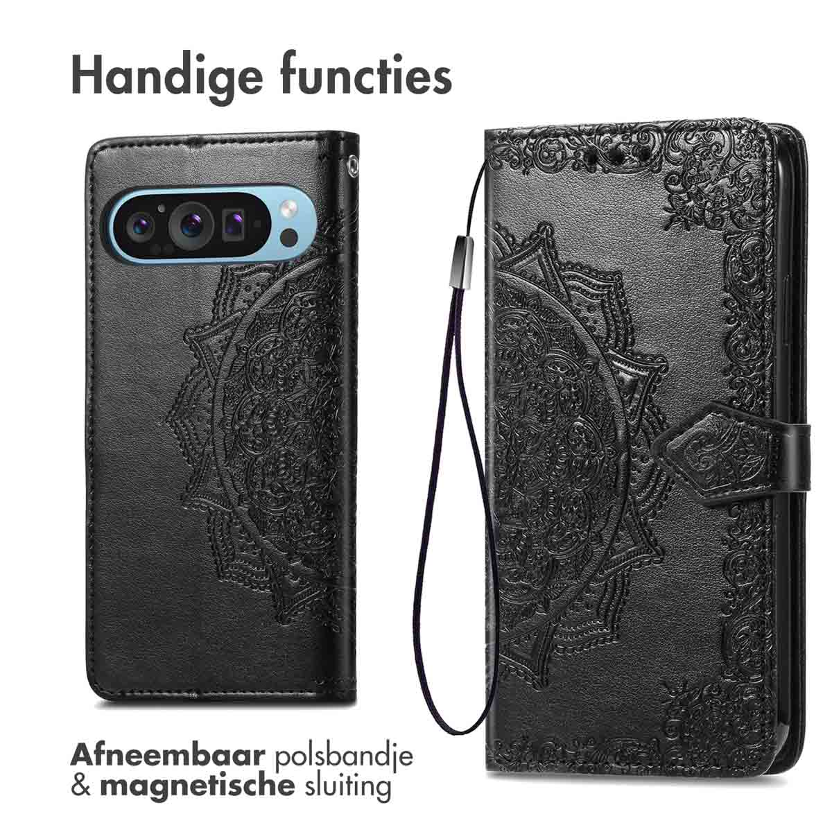 Une coque de téléphone noire avec un motif à l'avant et à l'arrière. Le fond est blanc.